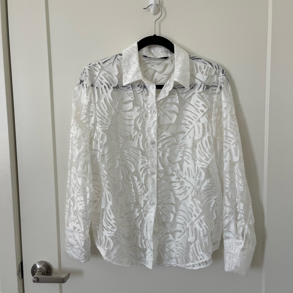 Zara White Sheer Leaf Pattern Blouse